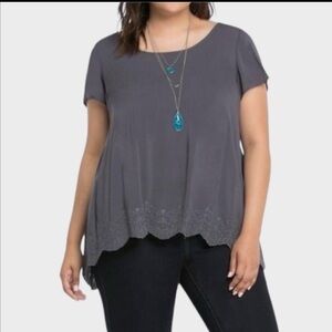 Torrid Gray Challis Embroidered Split Back High Low Blouse